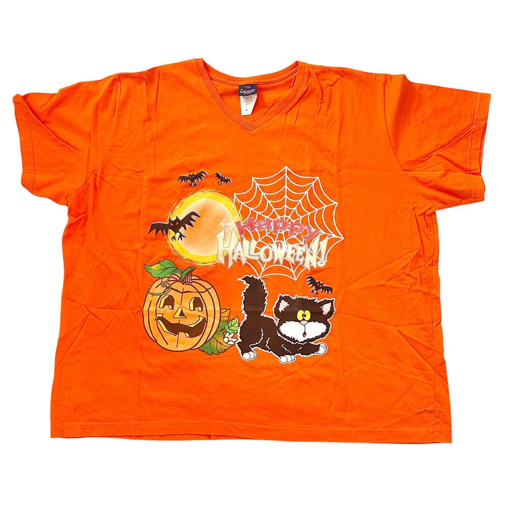 Time 2 Celebrate Woman Vintage 90s Orange Halloween Bats Cat Pumpkin Tee 26W/28W